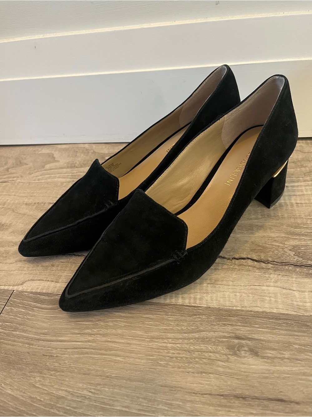Enzo Angiolini Black Suede Block Heels Gold Accent Quiet Luxury Old Money